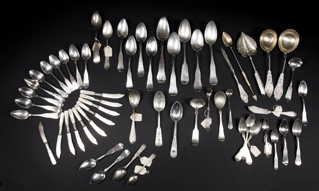 Collection of Coin Silver Spoons and Serving Pieces: Collection of Coin Silver Spoons and Serving Pieces:A- 21 teaspoons mostly coin and two sterling; B-1 1 small and large table spoons;C- 3 small ladles, two shell spoons, butter knife and condiment spo