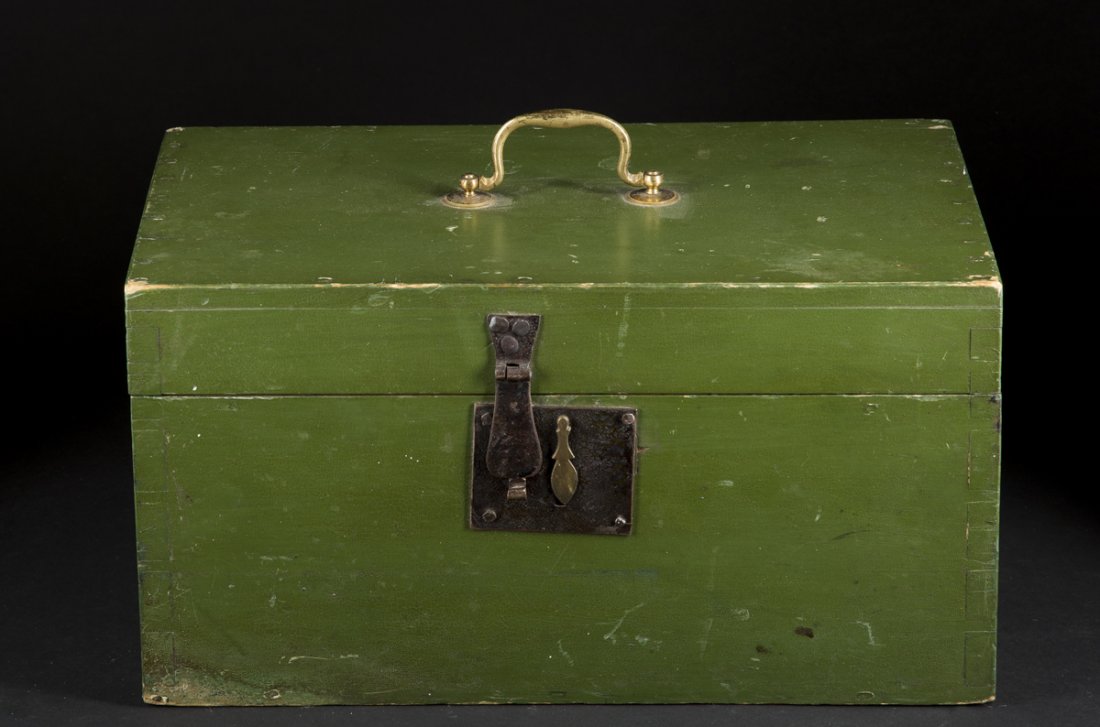 Green Painted Valuables Box: Green Painted Valuables Box, a rectangular lift top box with brass post and rosette pull on the lid, original wrought iron clasp and lock, 15 1/2" x 9 1/2" x 8 1/2"T, good green paint on white wood, N