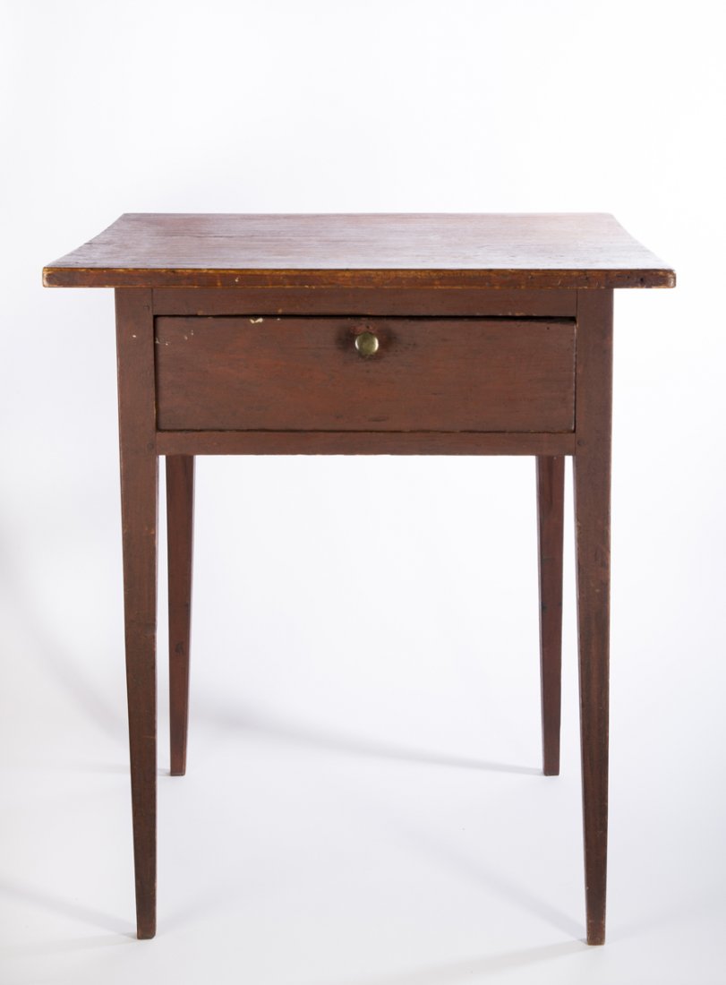 Hepplewhite Red Painted Table: Hepplewhite Red Painted Table, a square pine top having most of the old red paint with a large over hanging edge set on a one drawer case supported by 4 tapered legs, 28 1/2"T x 24 1/4" x 24 3/4", old