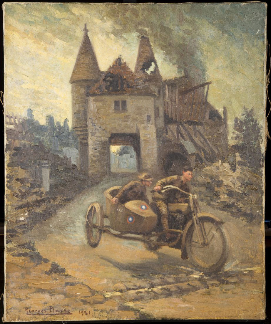 Georges Plasse (1878-?), France, Oil on Canvas: Georges Plasse (1878-?), France, Oil on Canvas Painting of WWl scene with a motorcycle and side car, signed lower left, "Georges Plasse, 1921", 24" x 19 3/4", unframed.Estimate: $600 - $900