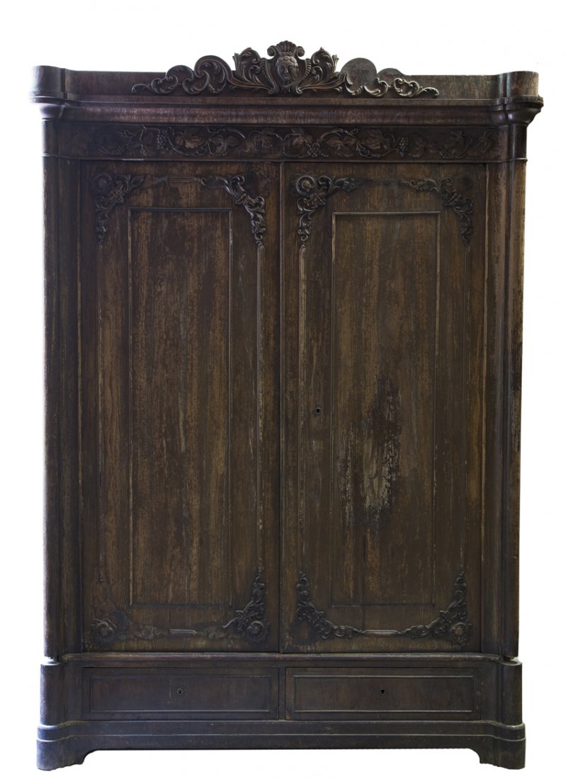 Rosewood Continental Wardrobe/Armoir: Rosewood Continental Wardrobe/Armoir, scrolled crown molding with face and crown over two cupboard doors each with a drawer below, interior with a birdseye vaneer liner divided for adjustable shelves,