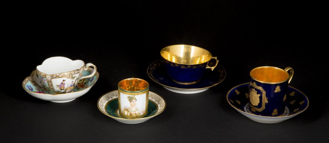 Four Continental Cups and Saucers: Four Continental Cups and Saucers, a) Josephine portrait cup with gold accents, saucer with central crown or "N", marked "Sevres" on bottom, 4 3/4" D b) French blue procelain with beetle decoration an