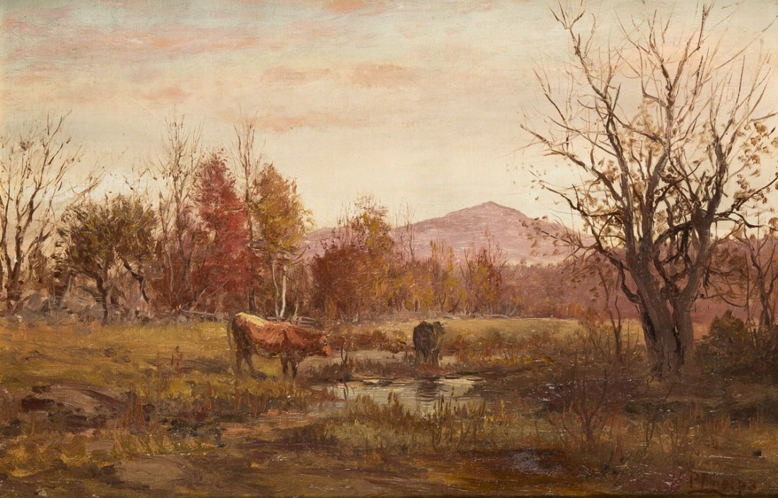 William Preston Phelps painting of two cows grazing: William Preston Phelps, NH, (1848-1923), oil on canvas painting of two cows grazing with Mt Monadnock in the background, signed lower right "WP Phelps", 12" x 18", new molded gold frame. Estimate: $2,