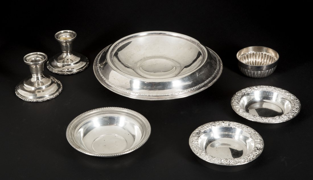 Sterling Sliver Misc. Lot: Sterling Sliver Misc. Lot: a) 2 S Kirk & Son repousse small bowls, 5"D. b) 10" D, raised footed bowl, dent, c) 2 small bowls- 1 sheffield, d) 2 Sterling small candlesticks (not weighted) : Approx.