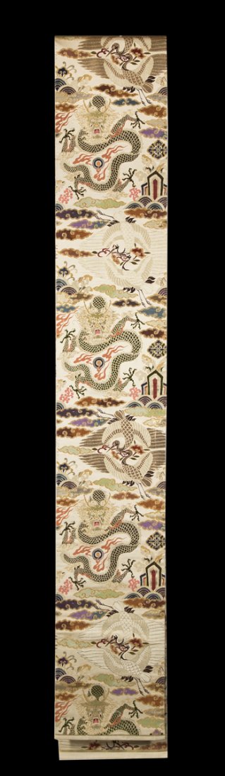 20thC Japanese Maru Obi: Early 20thC Japanese Maru Obi- double sided done in a complex brocade weave with lavish use of silver and gold threads with dragons and cranes, excellent condition., Japanese.Estimate: $300 - $400
