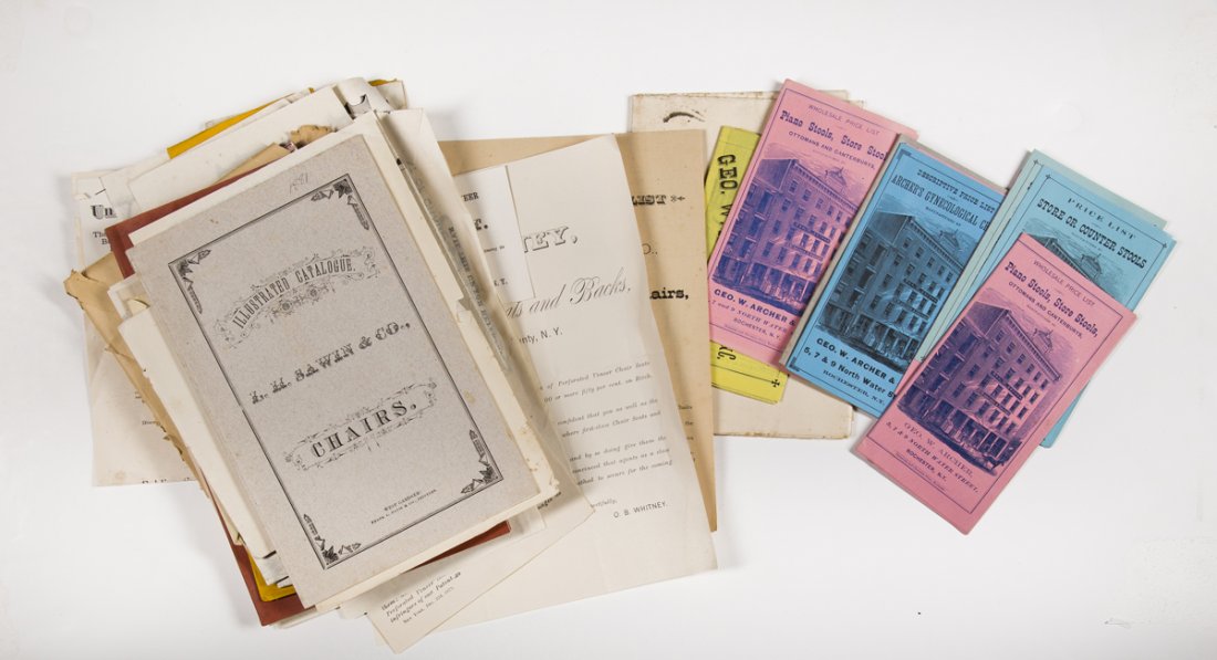 Catalogs for Chairs: Lot of late 1800s catalogs and: Catalogs for Chairs: Lot of late 1800s catalogs and related ephemera. Barber and gynecological chairs, ottomans, and piano and counter stools. About 30 pieces. Estimate: $300 - $500