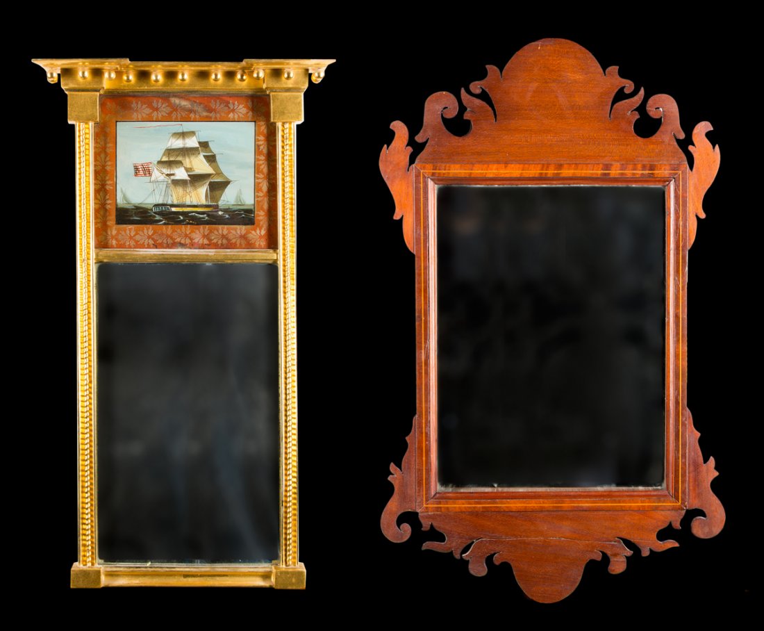 Two Antique Mirrors-American: Two Antique Mirrors-American, a) Chippendale with scrolling and line inlaid frame, 28 3/4" T, cracks, new glass, b) Federal mirror with 13 ball crown molding , US ship tablet and spiral inset columns,