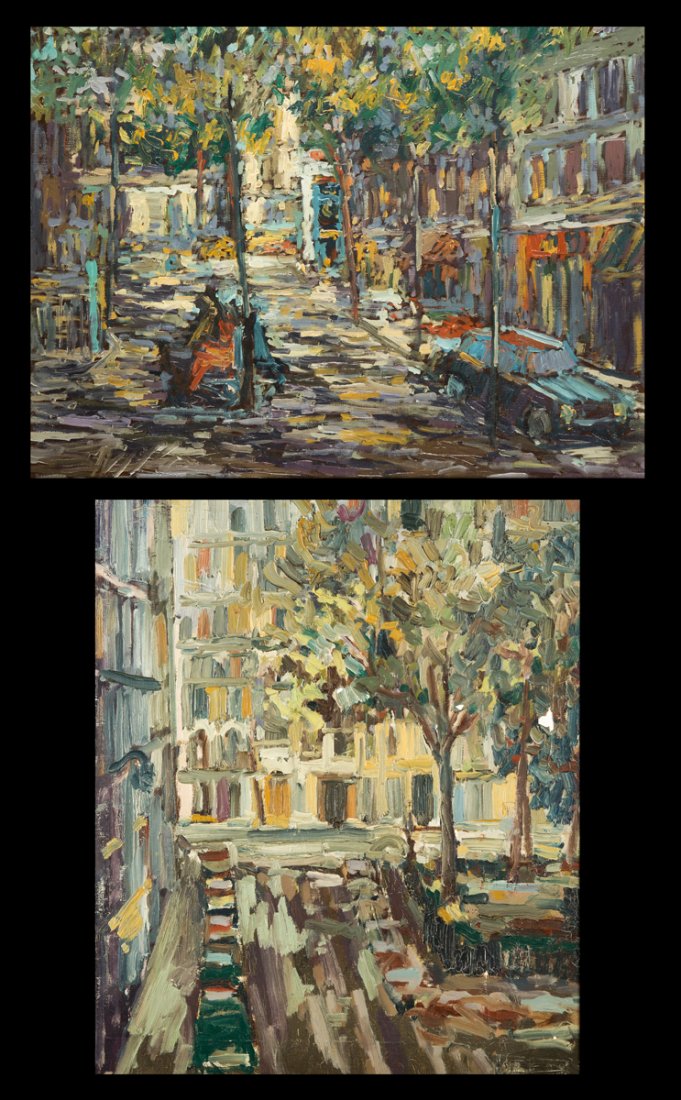 Anton Sepos, (B1938), Bosnia, two oil on canvas: Anton Sepos, (B1938), Bosnia, two oil on canvas paintings of street scenes, signed on the back "Sepros Anton", 21" x 18" and 18" x 24", a few paint fleck losses on the smaller onf of the two. Estimate