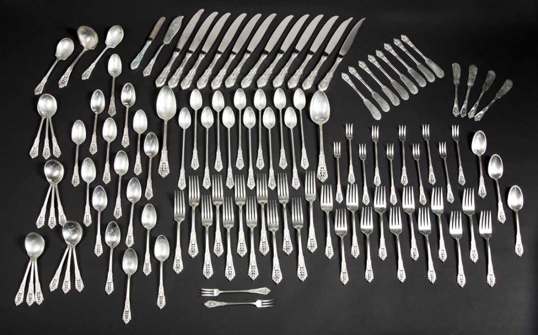 Sterling Silver Place Setting for 12 by wallace, marked: Sterling Silver Place Settings for 12- Consisting of 12 butter knives, 18tea spoons,12 knives, 12 soup spoons, 12 seafood forks, 12 dinner and 12 lucheon forks, 12 ice tea spoons, 2 table spoons, 2 su