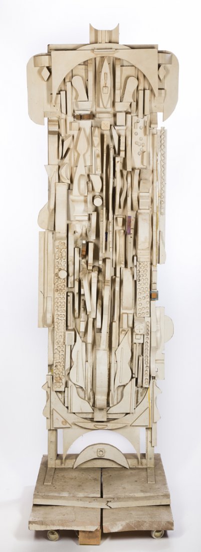 School of Louise Nevelson: School of Louise Nevelson, abstract pieced wood parts sculpture mounted on a wheeled platform base, unsigned, 83"T x 23"W x 28 1/2"D (base), mid 20thC, a few small pieces are replaced. Prov: Originall