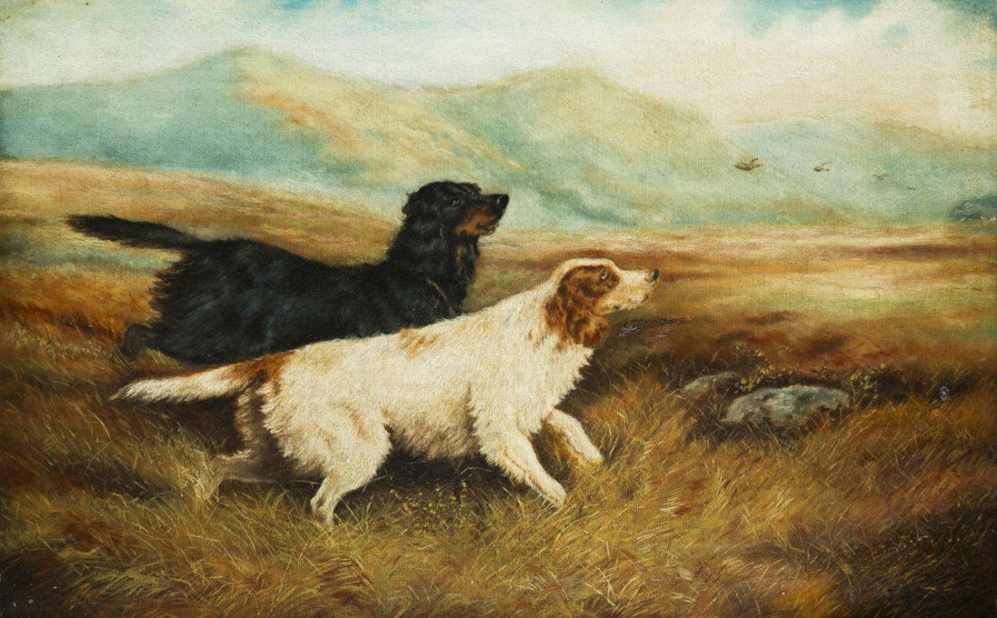 John Martin Tracy (1843-1893), Conn, Midwest, CA, Oil: John Martin Tracy (1843-1893), Conn, Midwest, CA, Oil on Canvas Painting of two setters on point with two birds in flight in the distance, signed lower right "JM Tracy", 18" x 28" probably the origina