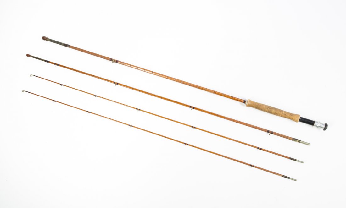 Hardy Bros Fly Fish Rod: "Hardy Bros" Fly Fish Rod, split bamboo with four sections, cork handle base "Hardy" signed end knob and swival reel lock also siged "Hardy", 104" L overall, serial # 78724, English made, comes with f