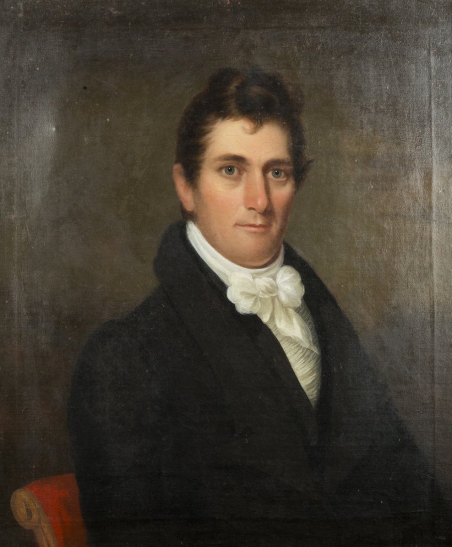 Portrait of Chester Harding, 1792- 1866, MA., oil on: Portrait of Chester Harding, 1792- 1866, MA., oil on canvas painting of the artist early in his career presumably by him by but not signed, 30" x 26", appears to be the original yellow painted feame,