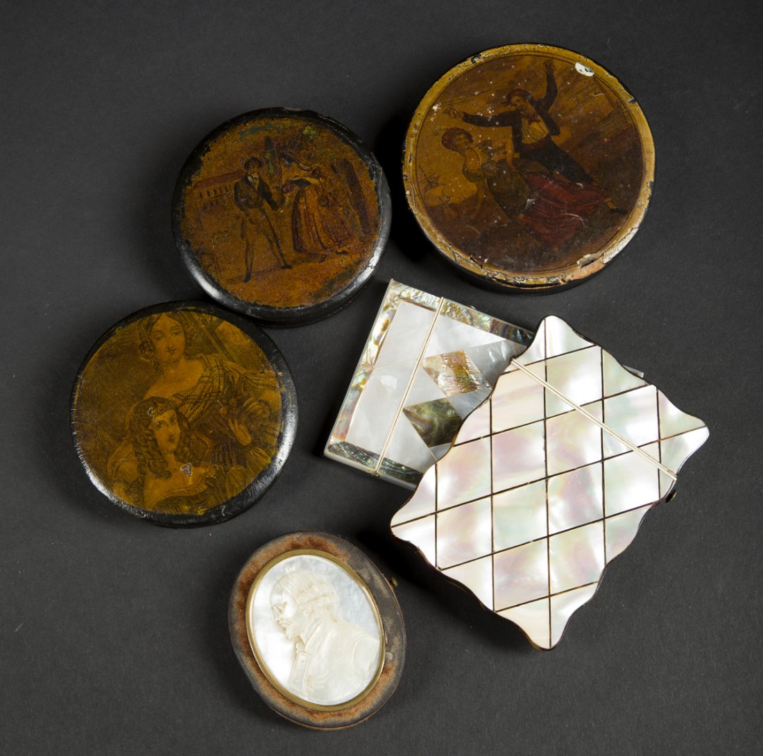 Five Snuff Boxes & Card Cases: Five Snuff Boxes & Card Cases: 3 laquer snuff boes with painted domestic scenes on the top, one is 3 1/2", and two are 3" D, wear and chips; a velvet 2 1/2" oval box with mother of pearl bust on t