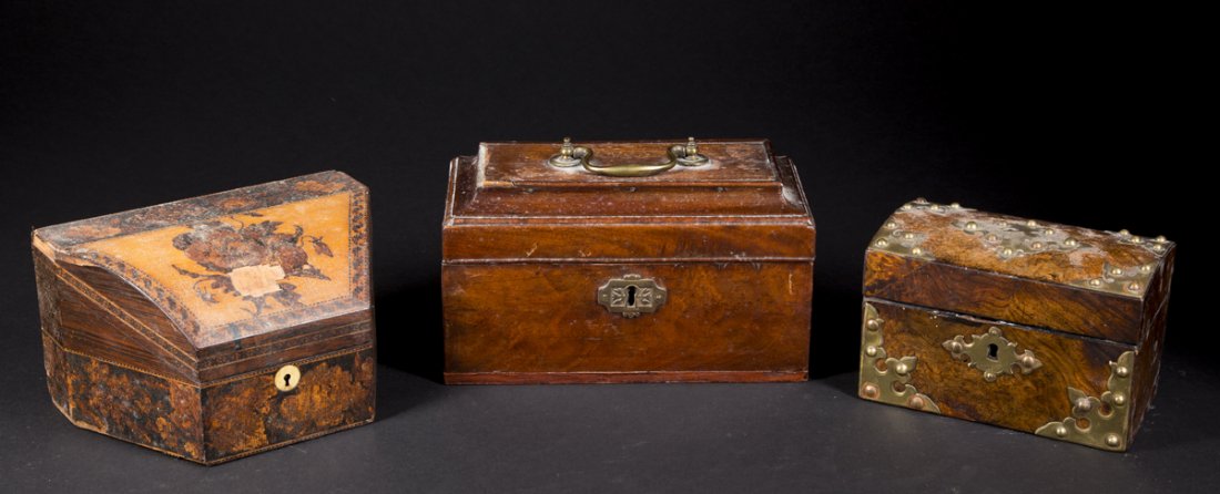 Three English 19thC. Boxes: Three English 19thC. Boxes: a) Tunbridge canted corner letter box with lined interior (as is), 8 1/2" x 6" x 5", fine exterior inlays (as is), b) mahogany coffin top tea cady with post and rosette pul