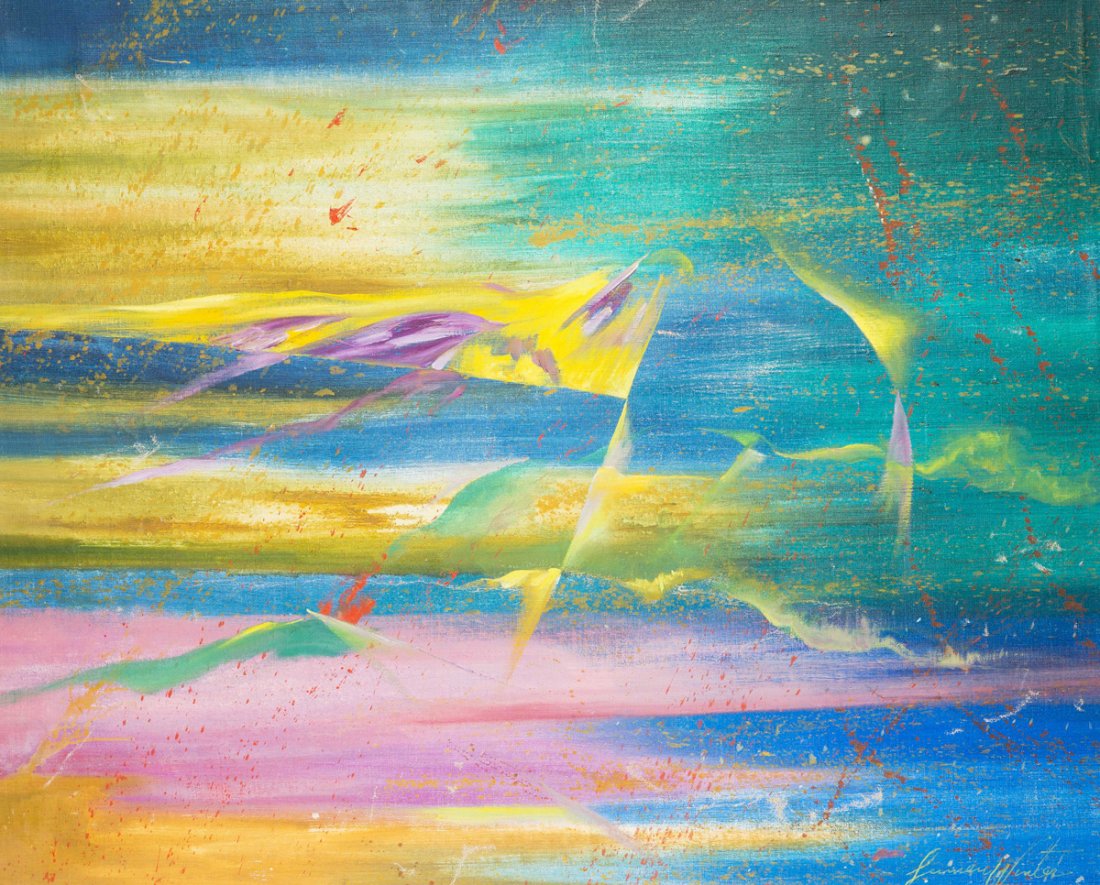 Lumen Martin Winter (1908-1982): Lumen Martin Winter (1908-1982) Ohio, New York, Kansas, oil on canvas painting "Taos, NM 1974" landscape "Prism" one of Apollo Series" as written on canvas back signed back and front lower right " Lum