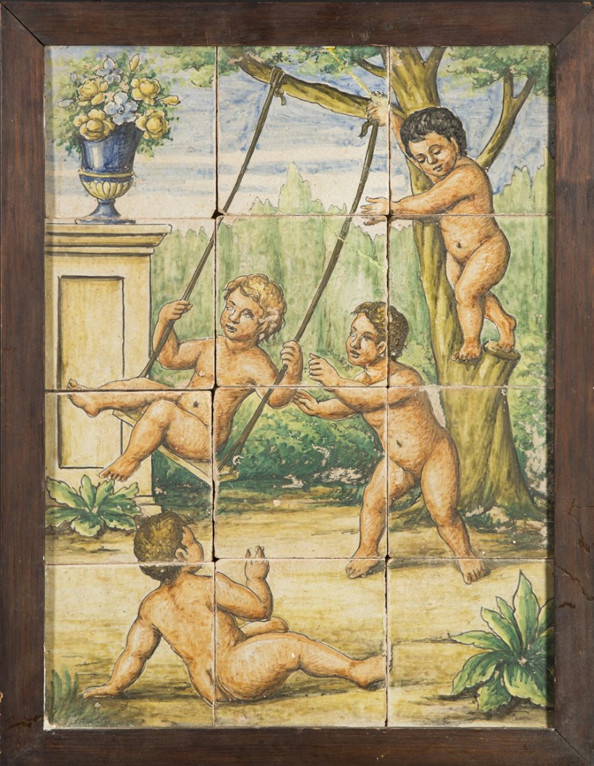 Continental Polychrome Tile Picture: Continental Polychrome Tile Picture, 12 tiles creating a picture of young unadorned boys playing in the yard, 24" x 19" overall, probably done in the Mediterranean area in the 19thC. or earlier, edge 