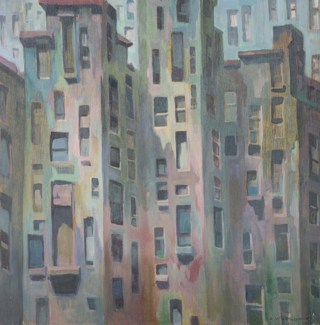 Abraham Walkowitz (1878-1965): Abraham Walkowitz, NY, Russian Federation (1878-1965), Oil on wood panel of tall tenement buildings, signed lower right "A Walkowitz", also on the back with "NYC" added, 24" x 24", small thin wood fra