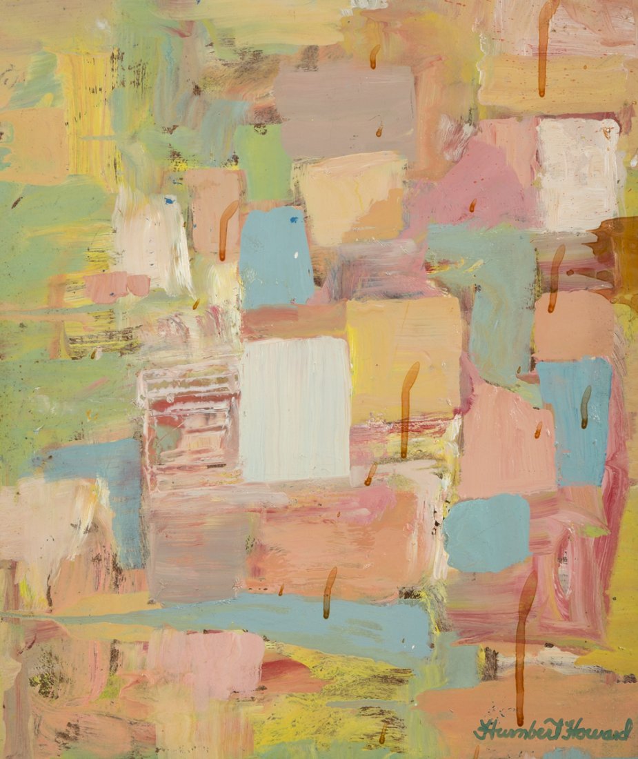 Humbert L. Howard (1905-1990): Humbert L. Howard, Penn/NY, (1905-1990), oil on masonite painting of "city blocks?", signed lower right "Humbert Howard", 16" x 13 1/2", newly framed.Estimate: $400 - $700