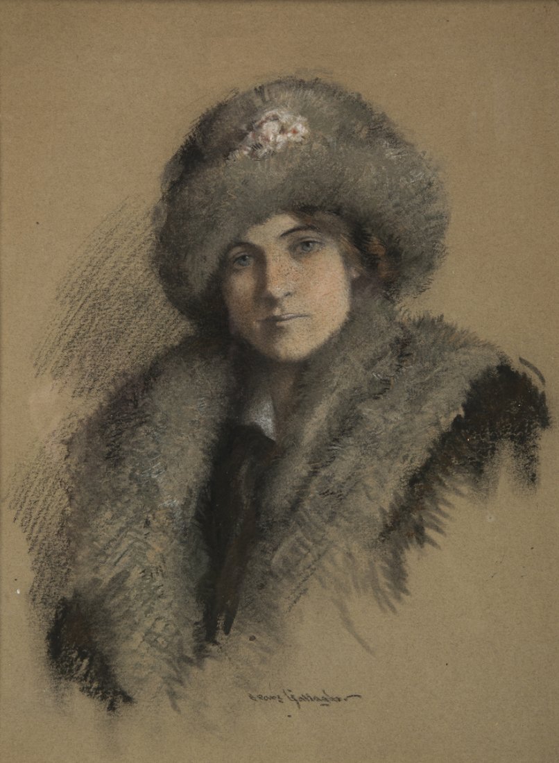 Sears Gallagher (1869-1955): Sears Gallagher, MA (1869-1955), watercolor painting of a young woman in a fur coat and hat, signed lower center "Sears Gallagher", 12 1/2" x 9 3/4", framed under glass. Estimate: $400 - $600