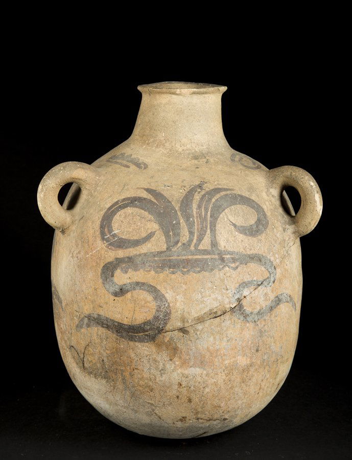 Chinese Neolithic Amphora: Chinese Neolithic Amphora, flaring neck over an ovoid body with three hanging loops, bold floral decoration on three sides, 15 1/2"T, large crack around body with hole on one side, chips and staining.