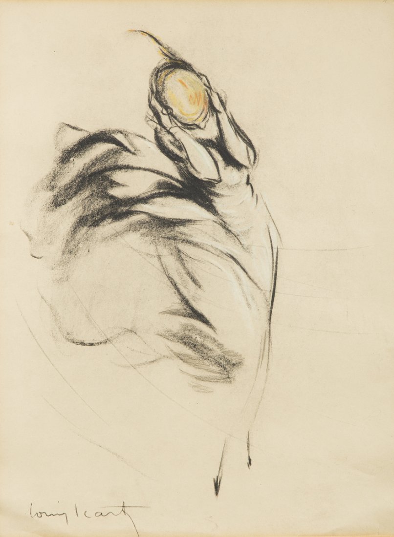 Louis Justin Laurent Icart, NY, France (1888-1950): Louis Justin Laurent Icart, NY, France (1888-1950), crayon sketch of a woman blown by the wind, signed lower left "Louis Icart", 17 1/4" x 13 1/4" sight, matted and framed under glass. Estimate: $800 