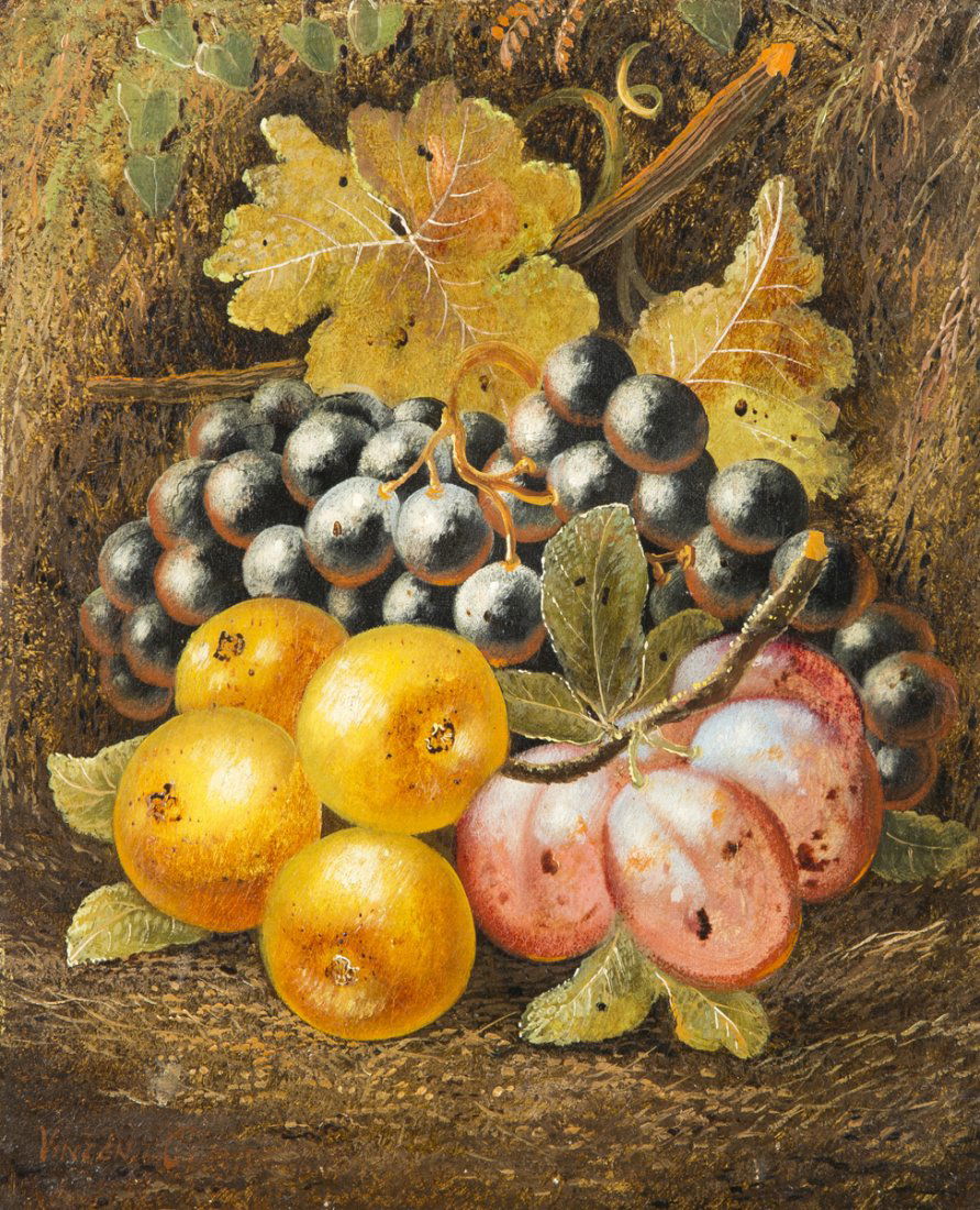 Vincent Clare, British (1855-1930): Vincent Clare, British (1855-1930), oil on canvas still-life painting of grapes and other fruit, signed lower left "Vincent Clare", 10"x 12", appears to have the original pierced carved gilded frame,