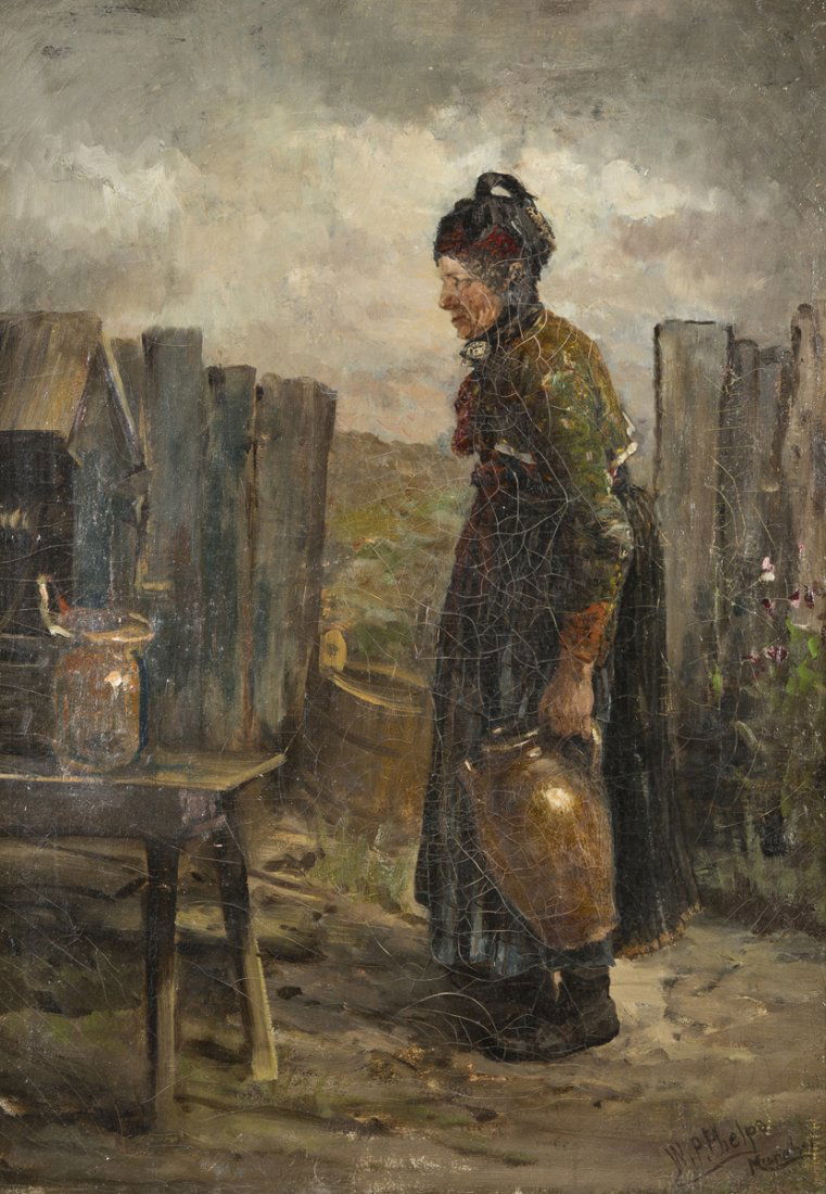 William Preston Phelps, oil on canvas: William Preston Phelps, oil on canvas painting of an older woman carrying a jug, signed lower right "W.P.Phelps, Munchen", 27" x 18 1/2", probably original gilded frame, some in painting and small fra