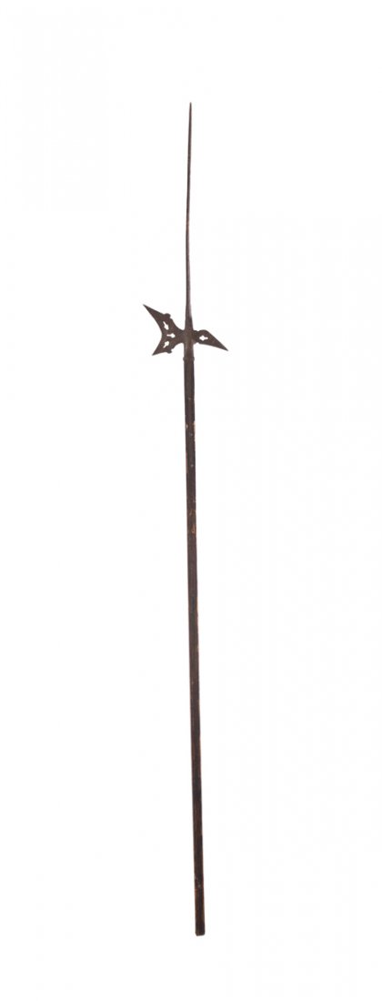 Polearm or Halberd Weapon: Polearm or Halberd Weapon, medieval style with a long spike end, a double sided blades of wrought iron which is then attached to a molded tapered wooden handle, the metal top section has long fingers