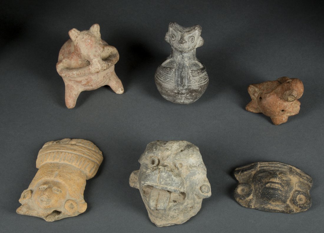 Lot of Six Pre-Columbian Fragments: Lot of Six Pre-Columbian Fragments, a) 4" T head with head dress, chips, b) 3 1/4" W head with large earrings, c) 3 3/8" T animal head with tongue out, chips, d) 2 3/4"L bird form with chips, e) 3 3/4