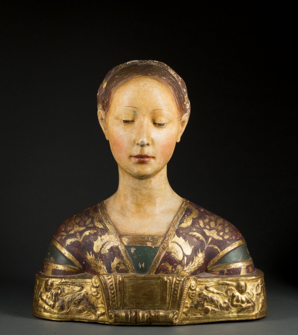 Terracotta Bust, possibly Dante's Beatrice: Terracotta Bust, possibly Dante's Beatrice, in medieval costume, polychrome decoration, losses to paint, circular stamp and 29" inside, 18"T x 17"W at the base, probably 20th C. Estimate: $300 - $500