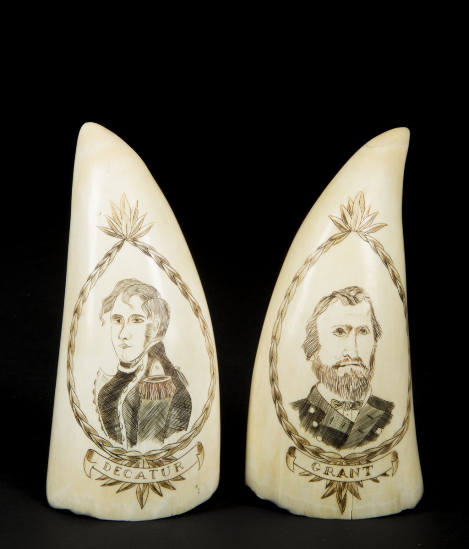Scrimshaw Decorated Whale's Teeth: Scrimshaw Decorated Whale's Teeth, two whales ivory teeth decorated with a bust of "Decatur" and "Grant", 4 3/4"L, age cracks and open edge chips, C1920 or earlier. Prov : Came from the same source as
