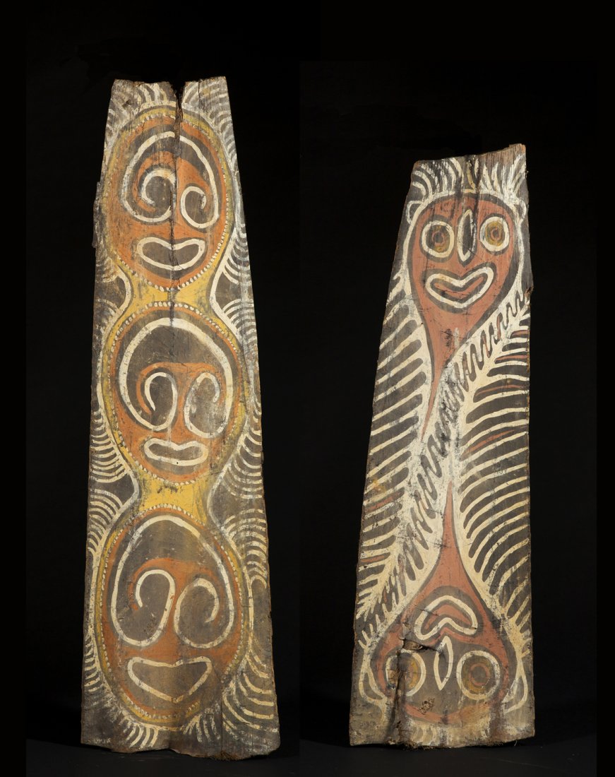 Two Kwoma Washkuk Palm panels: Two Kwoma Washkuk Palm panels, Kwoma Washkuk; Papua New Guinea The panels painted on palm spathes in native pigments of black, red, yellow and white, one with a pair of opposing faces and linear patte