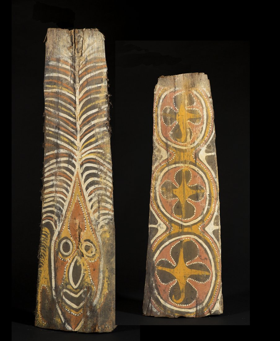 Two Kwoma Washkuk Palm panels: Two Kwoma Washkuk Palm panels, Kwoma Washkuk; Papua New Guinea The panels painted on palm spathes in native pigments of black, red, yellow and white, one with a face and linear patterns coming from th