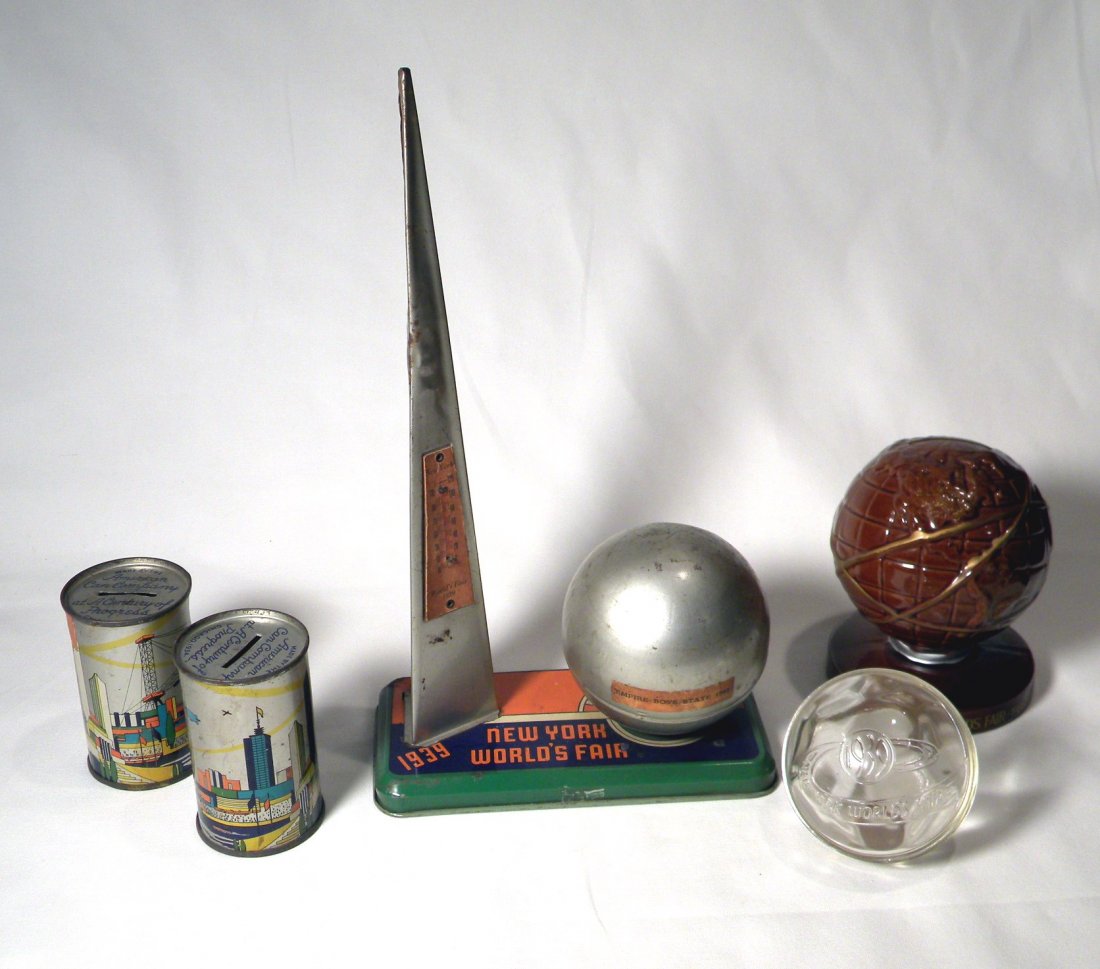Lot of 5 Worlds Fair Still Banks: Two 1934 tin litho Chicago Century of Progress banks, 1939 New York tin globe and obelisk with original thermometer, 1939 Century of Progress glass bank, and 1964 New York World Fair pottery globe ban