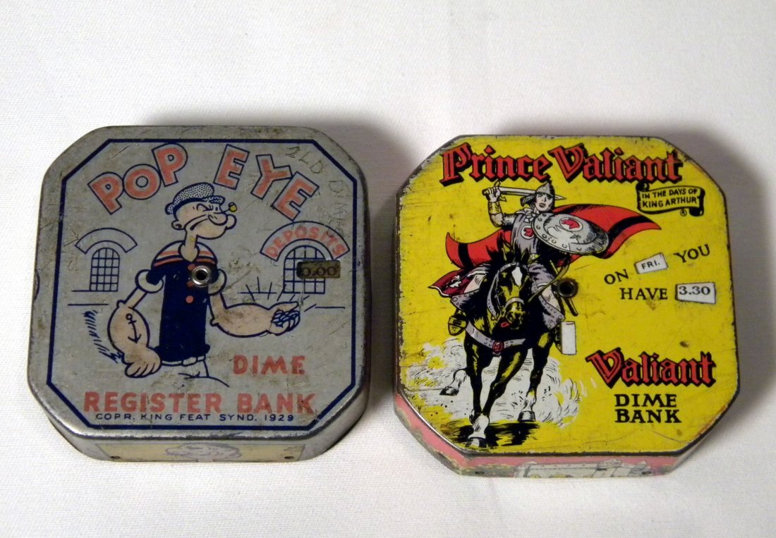 Popeye and Prince Valiant Registering Banks: "Popeye" 1929 with scratches and "Prince Valiant 1954 with little wear, both by King Features Syndicate Inc..