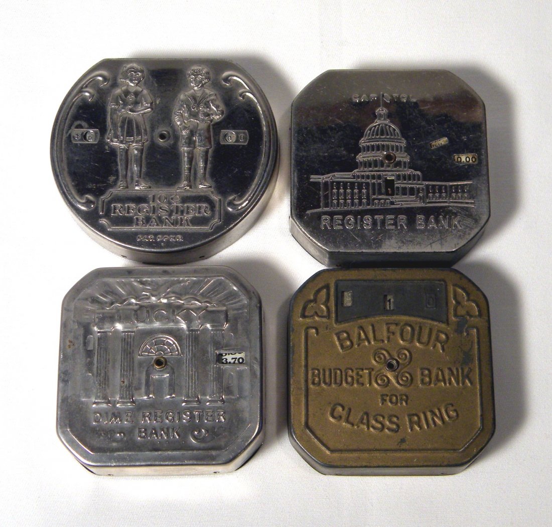 Lot of 4 Dime Registering Banks: "10Â¢ Registering Bank" with Boy and Girl, "Lucky Dime Registering Bank", US "Capital Registering Bank", and "Balfour Budget Bank for Class Ring", all excellent condition.