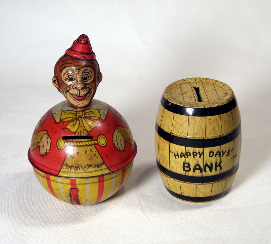 Two Chein Tin Litho Still Banks: J. Chein & Co. Roly Poly Monkey and "Happy Days" Bank barrel, both with original traps.