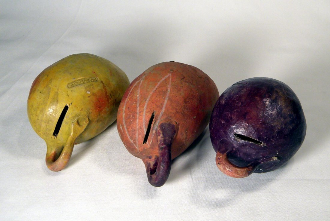 Lot of 3 Early Pottery Gourd Banks: Early hand-decorated pottery Gourd Banks possibly Mexican pottery, excellent condition, except one has a stress crack at slot.