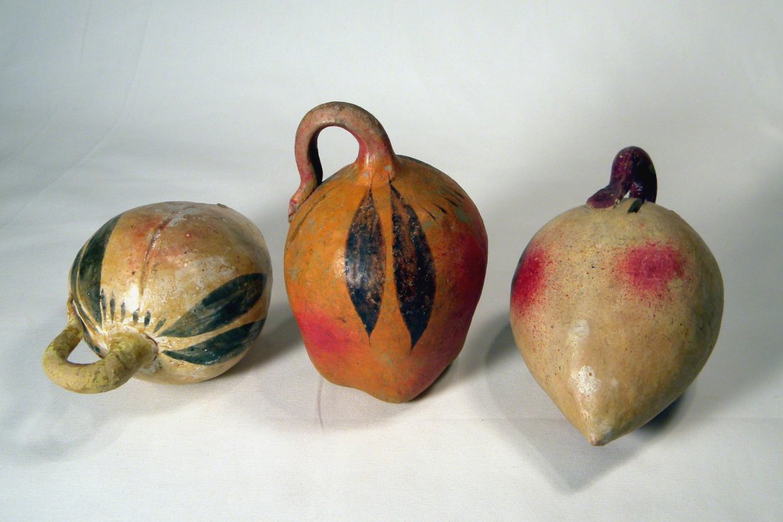 Lot of 3 Early Pottery Gourd Banks: Early hand-decorated pottery Gourd Banks, two are marked Made In Mexico, all are excellent.