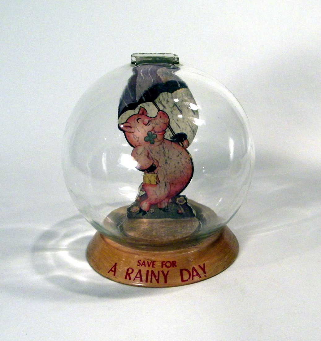 Vic Morgan A Rainy Day Bubble Bank: Vic Morgan "Save For A Rainy Day" glass bubble bank, excellent, but screws to hold globe are missing.