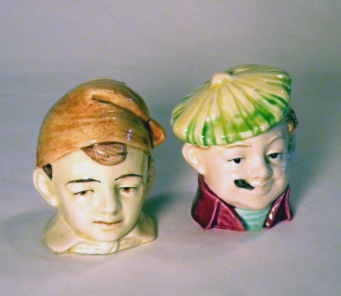 Lot of Two Pottery Figural Still Banks: Pottery Man with Cigar and Young Boy with Nightcap, Young Boy is marked Czechoslovakia, both are excellent.