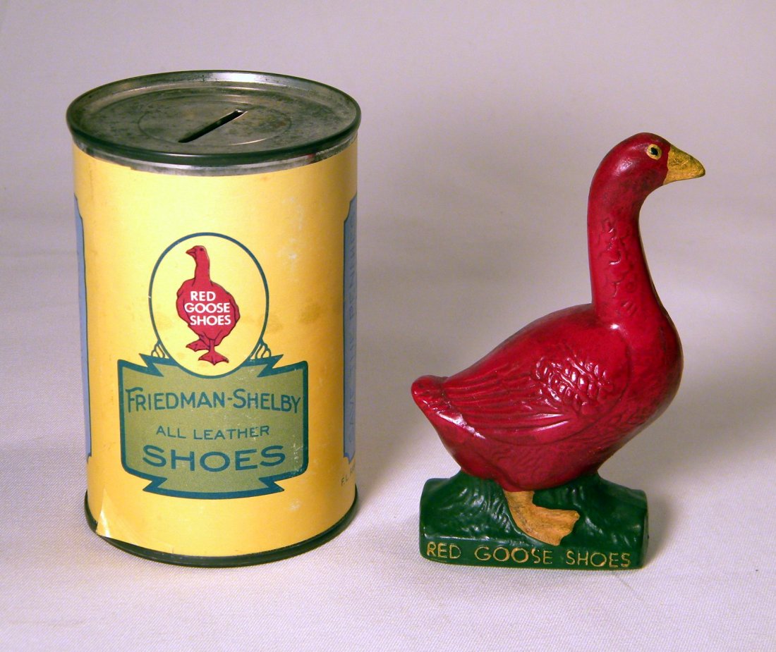 Red Goose Shoes Bank and Display Figure: Tin "Red Goose Shoes" can with paper label and "Red Goose Shoes" advertising display figure is great condition.
