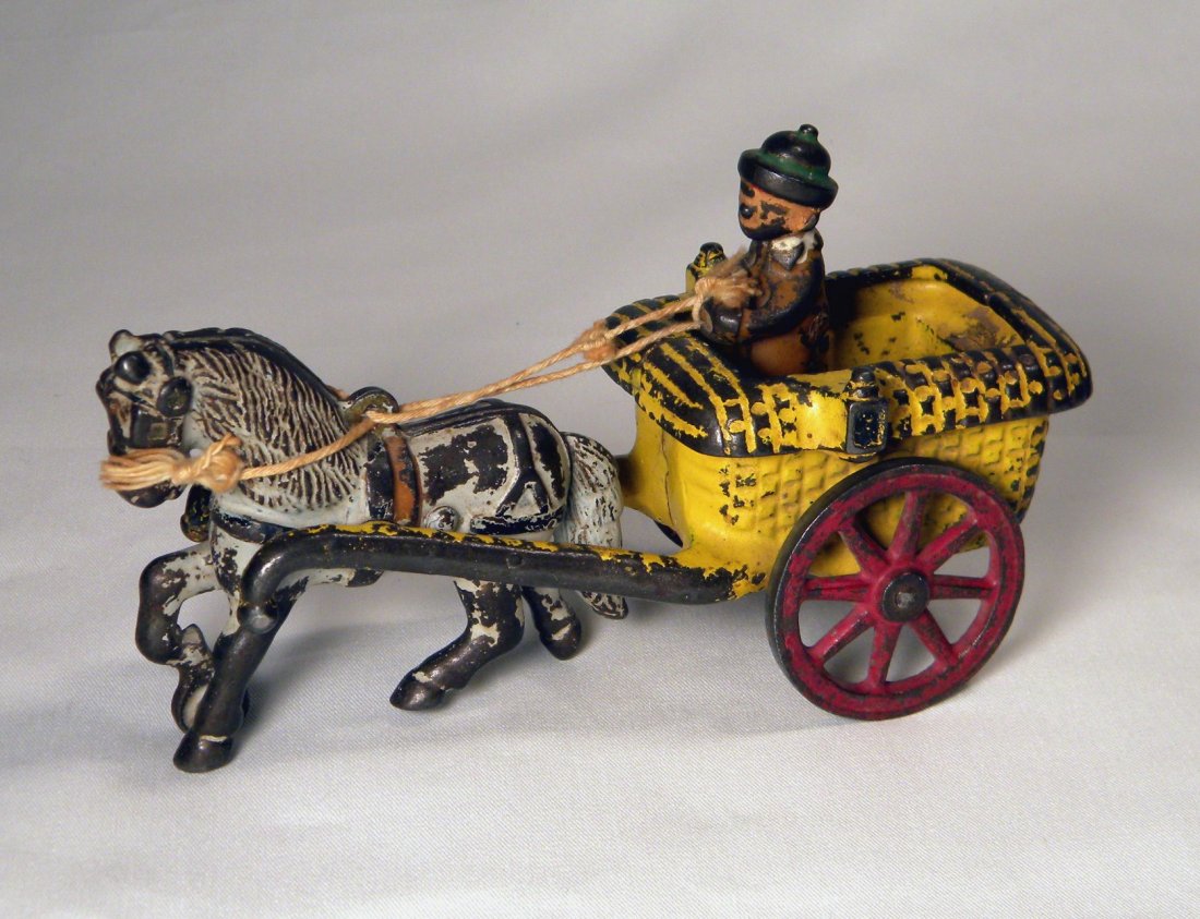 Arcade Cast Iron Chester Gump Cart: Arcade cast iron Chester Gump in Horse-Drawn Cart, all original with paint wear, 7 1/2" long.