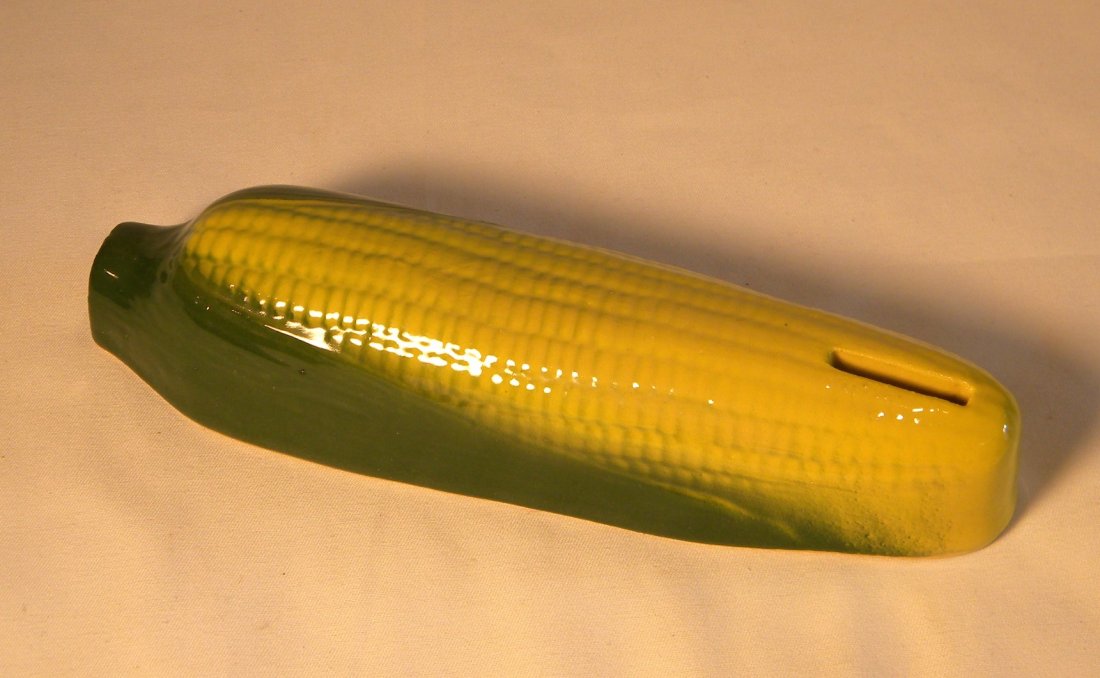 Pottery Ear of Corn Still Bank: Pottery Ear of Corn still bank, made as a wall-hanger, marked on back "Made for Laydens, By Alpine Pottery, Roseville, OH".