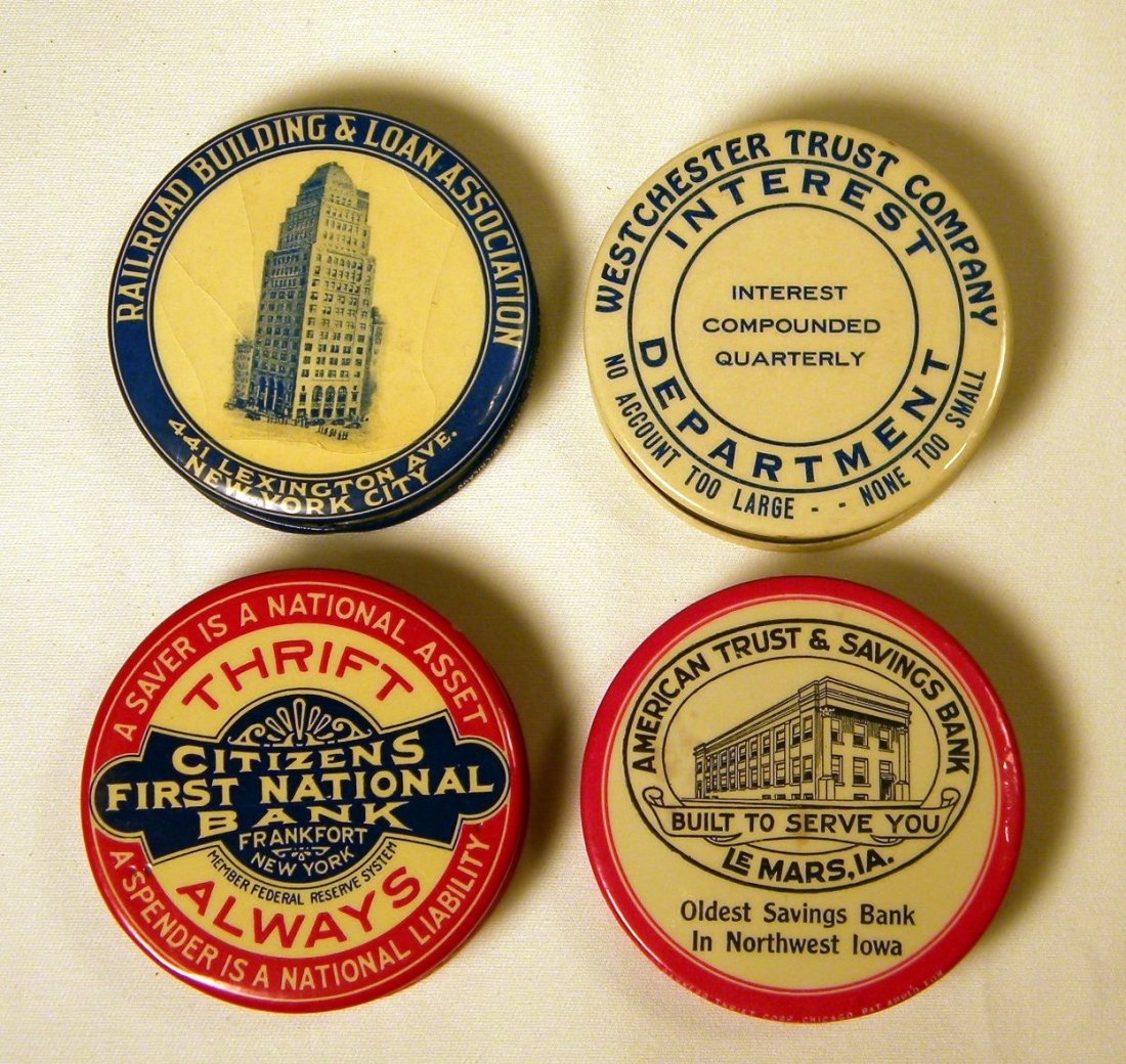 Four Celluloid Pocket Banks: Lot of 4 celluloid Pocket Banks; "Railroad Building & Loan Association, New York City", "Westchester Trust Company", "Citizens First National Bank", "American Trust & Savings Bank, Le Mars, IA."