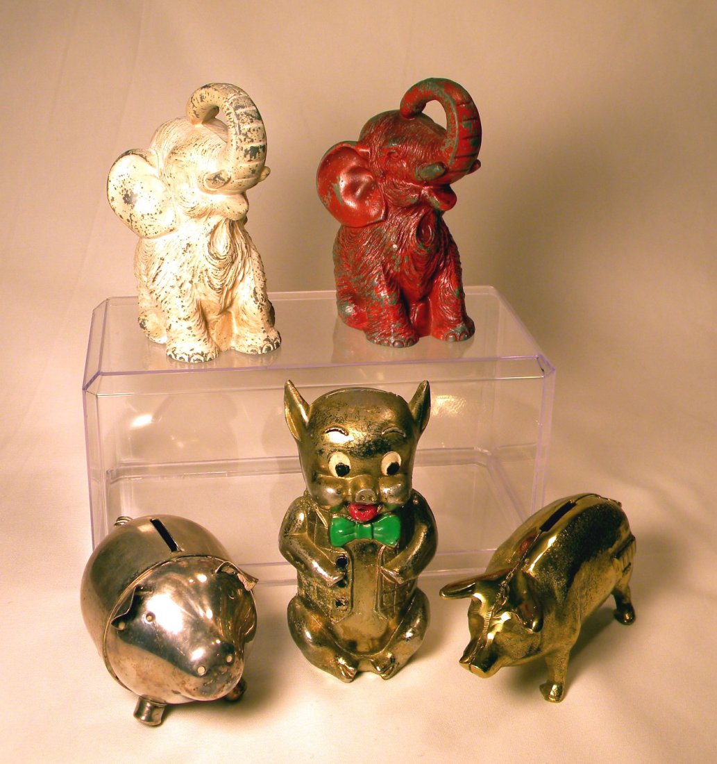 Lot of Five Animal Still Banks: Lot of 5 animal still banks; 2 colors of the Seated Elephant Trumpeting by Vanio Circa 1936 one has key and one does not have lock on trap, MW Porky Pig, metal Pig, and brass Pig.