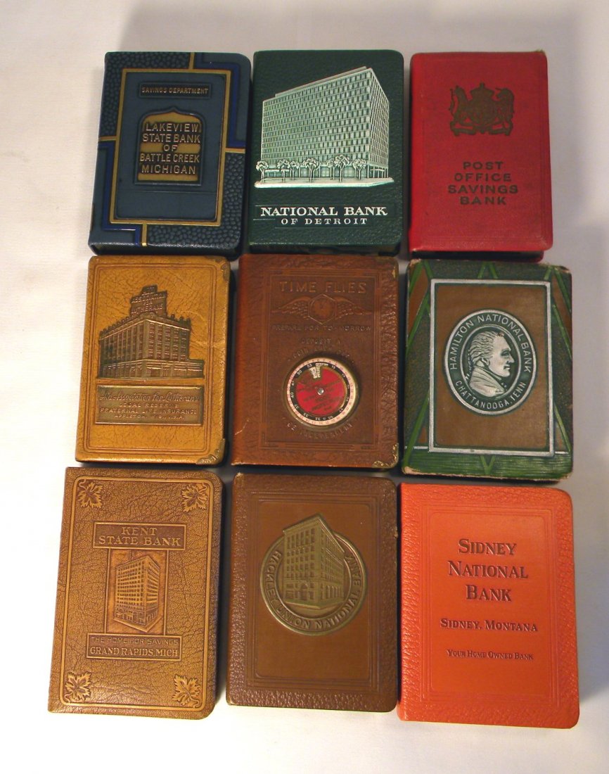 Lot of Nine Book Banks: Lot of 9 Book Banks, most are in excellent condition; "Lakeview State Bank of Battle Creek, Mich", "National Bank of Detroit" with key, "Post Office Savings Bank", "Aid Association for Lutherans", "Ti