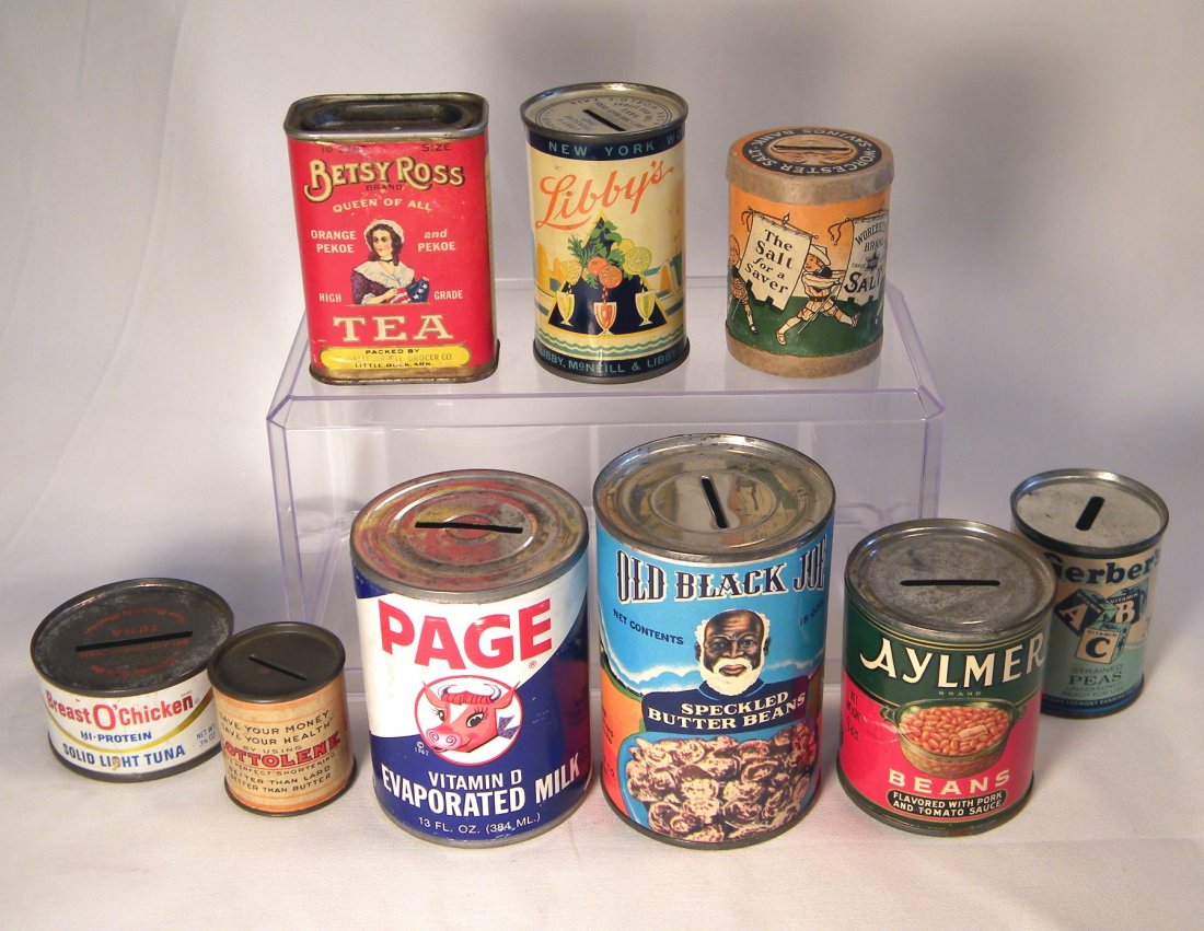 Lot of Nine Advertising Banks: Lot of 9 assorted advertising banks; "Betsy Ross Tea" paper label, tin litho "Libby's", cardboard "Worchester Salt Savings Bank", "Breast O'Chick" with paper label, small "Cottolene" with paper label,