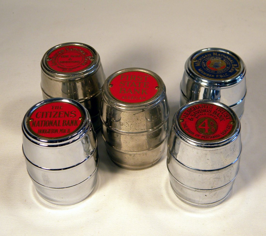 Lot of 5 Advertising Barrel Banks: Lot of 5 Barrel advertising banks: "The Citizens National Bank, Houghton, Mich", "Merchants Trust & Savings Bank, Battle Creek, Mich", "American National Bank, Benton Harbor, Mich", "First State Bank,